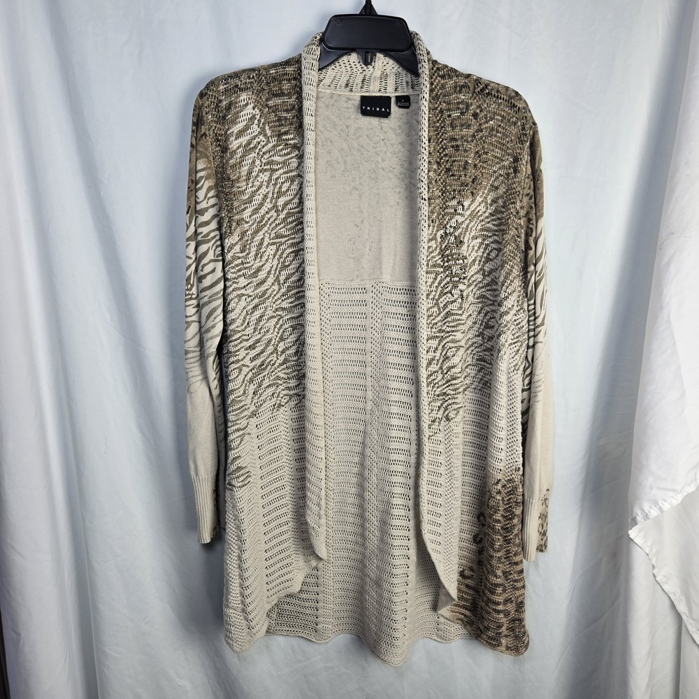 Tribal Animal Print Knit Cardigan Womens Large Crochet Boho Coastal Neutral